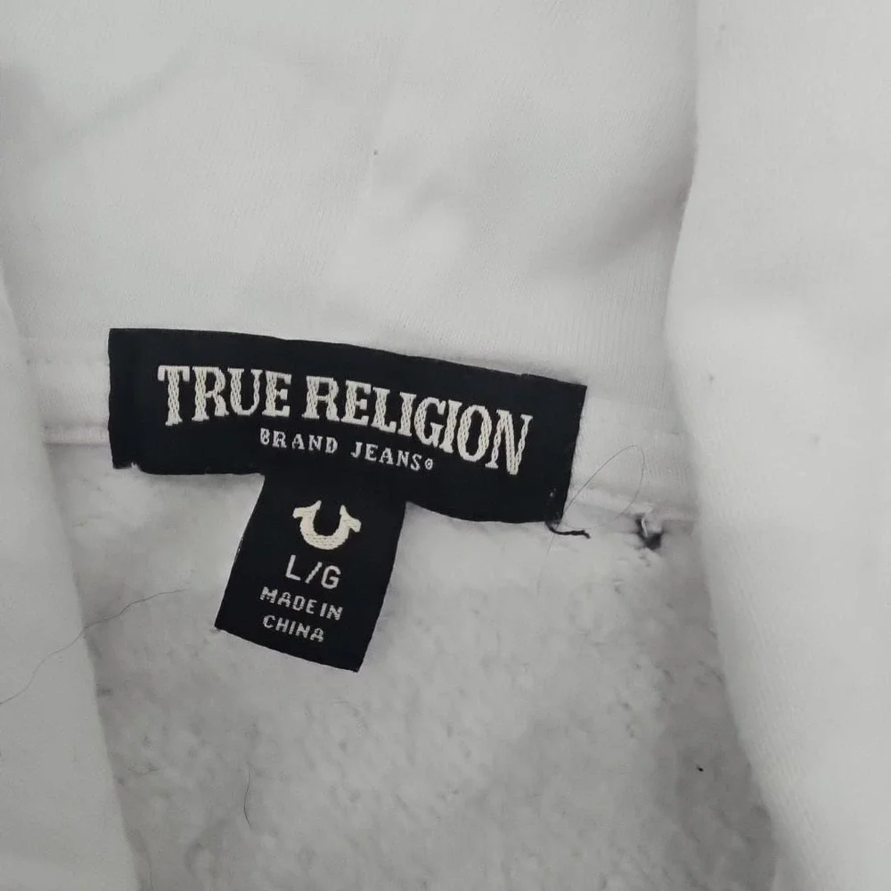 True Religion Hoodie Mens Large White Full Zip Sweatshirt Buddha Logo Streetwear